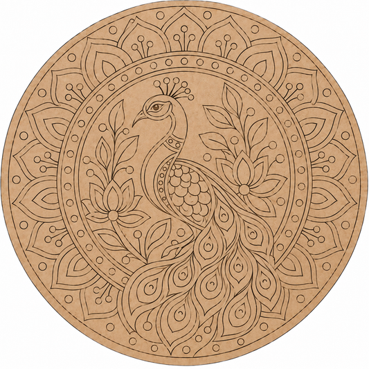 Peacock in Floral Mandala Engraved MDF Wall Art - DIY - Pre-Marked MDF