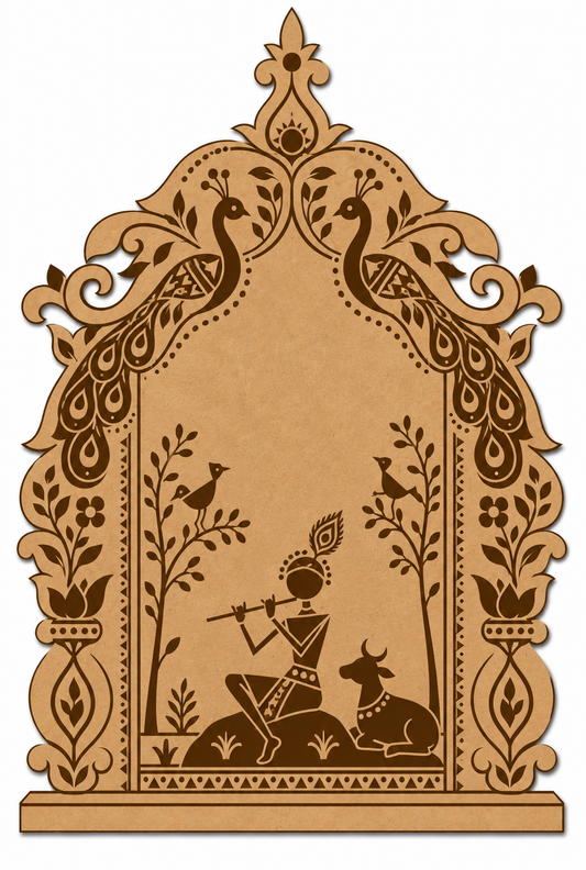 Warli Krishna with Calf Peacock Arch Photo Frame Engraved MDF Wall Art & Mandir Back Panel - DIY - Pre-Marked MDF