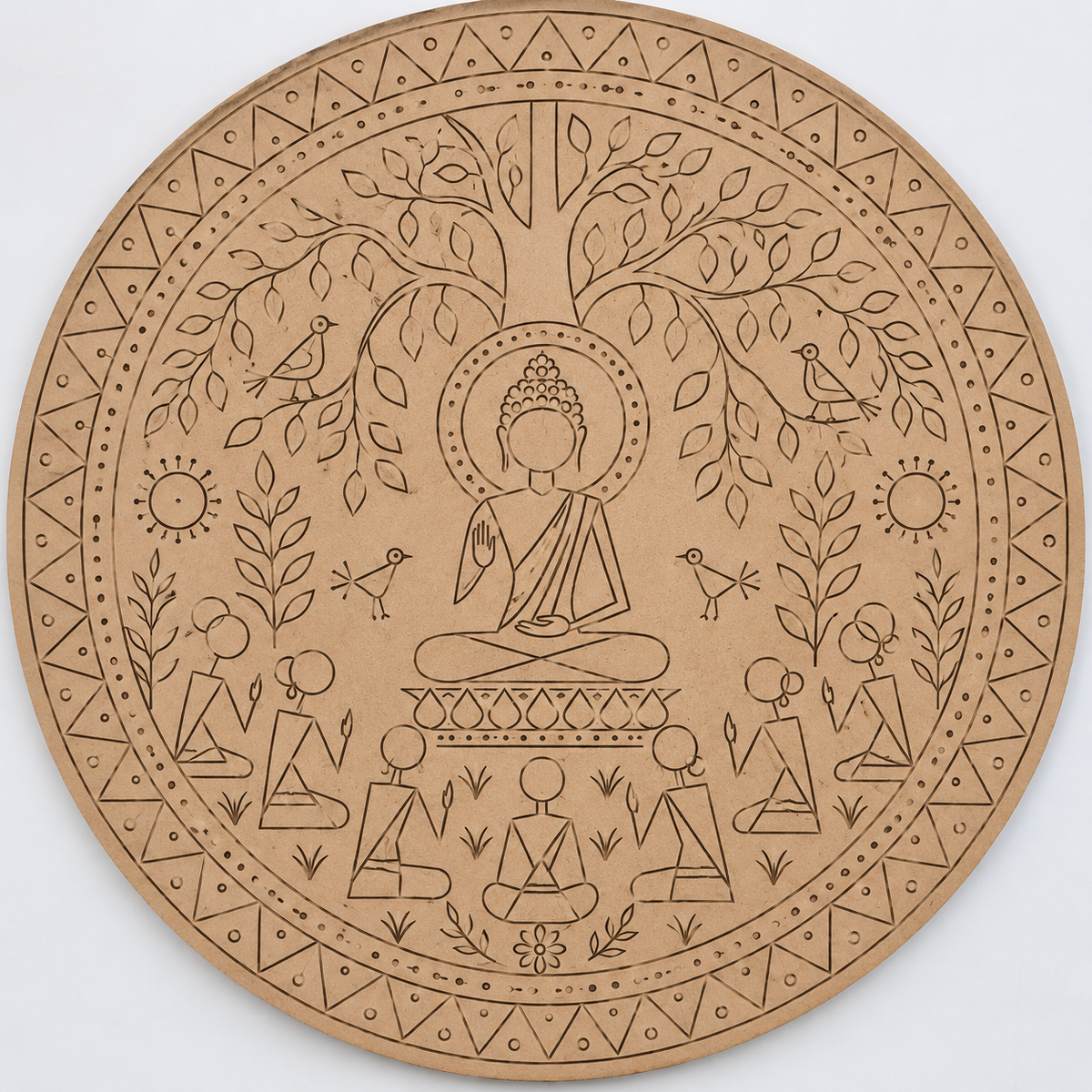 Warli Buddha Under Bodhi Tree with Meditating Devotees Engraved MDF Wall Art - DIY - Pre-Marked MDF