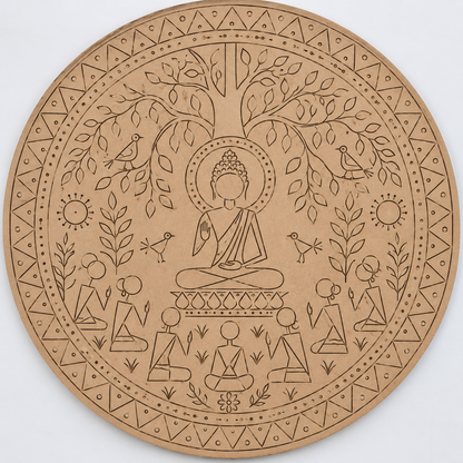 Warli Buddha Under Bodhi Tree with Meditating Devotees Engraved MDF Wall Art - DIY - Pre-Marked MDF