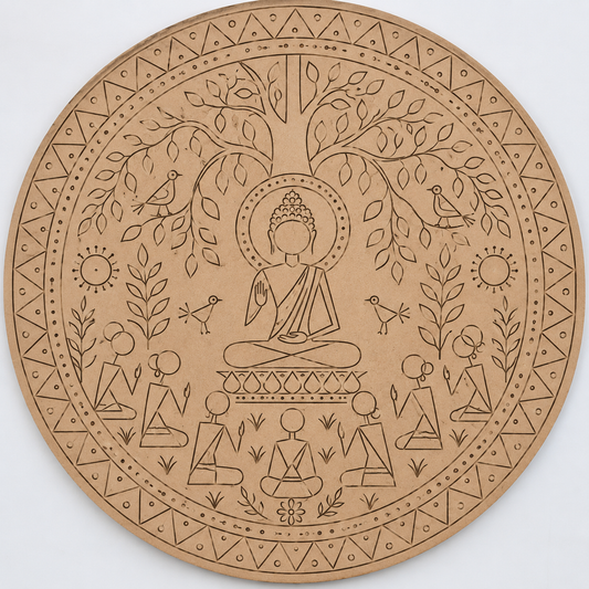 Warli Buddha Under Bodhi Tree with Meditating Devotees Engraved MDF Wall Art - DIY - Pre-Marked MDF