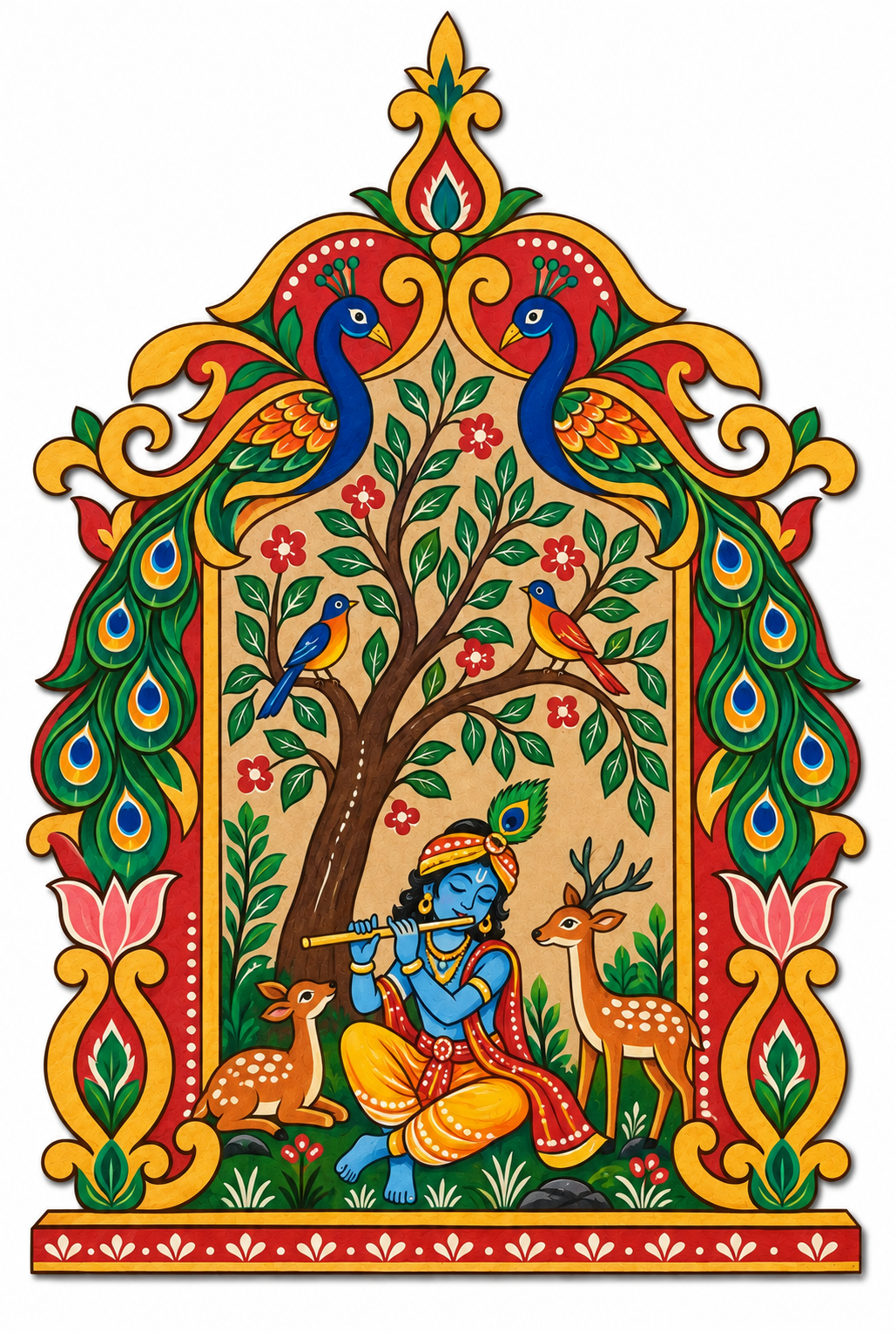 Krishna Playing Flute in Vrindavan Jharokha Engraved MDF Wall Art - DIY - Pre-Marked MDF