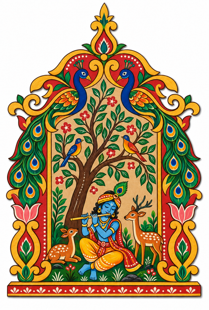 Krishna Playing Flute in Vrindavan Jharokha Engraved MDF Wall Art - DIY - Pre-Marked MDF