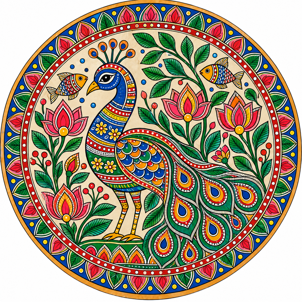 Madhubani Peacock with Fish & Lotus Engraved MDF Wall Art - DIY - Pre-Marked MDF