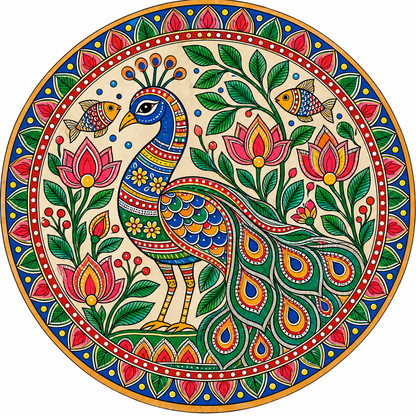 Madhubani Peacock with Fish & Lotus Engraved MDF Wall Art - DIY - Pre-Marked MDF