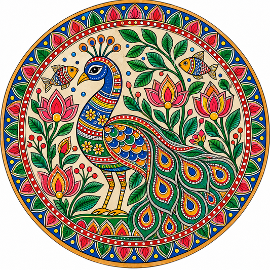 Madhubani Peacock with Fish & Lotus Engraved MDF Wall Art - DIY - Pre-Marked MDF