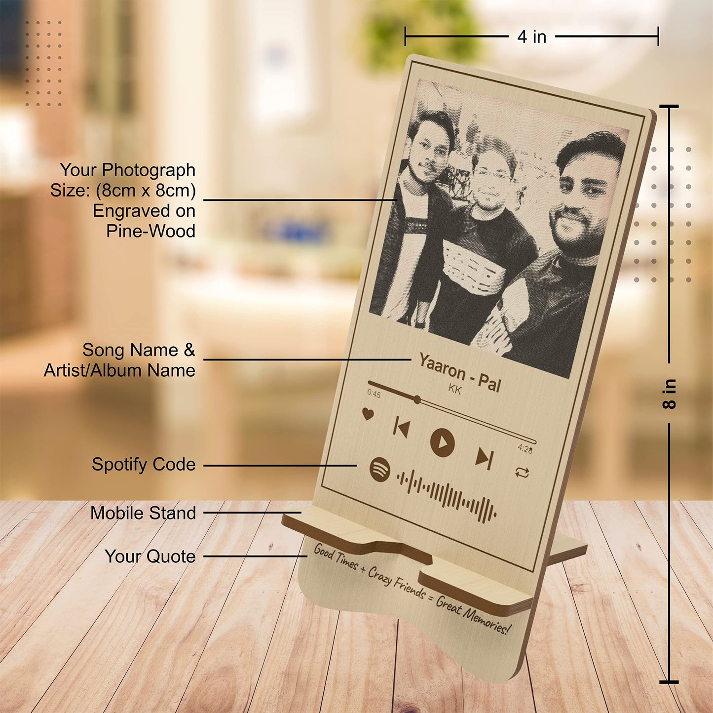 Customized Wooden Photo Laser Engraved Mobile Stand with Scannable Spotify Code