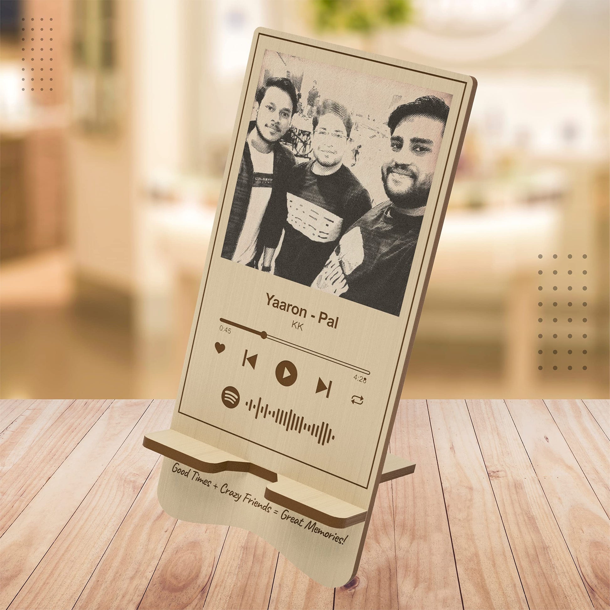 Customized Wooden Photo Laser Engraved Mobile Stand with Scannable Spotify Code