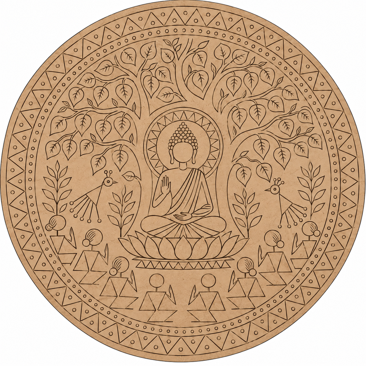 Madhubani Buddha Under Bodhi Tree with Lotus Throne, Deer & Devotees Engraved MDF Wall Art - DIY - Pre-Marked MDF