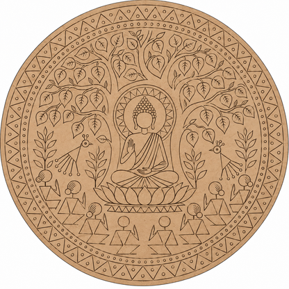 Madhubani Buddha Under Bodhi Tree with Lotus Throne, Deer & Devotees Engraved MDF Wall Art - DIY - Pre-Marked MDF