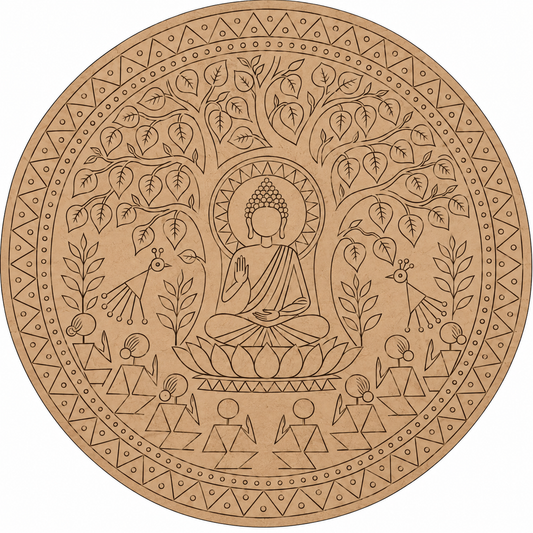 Madhubani Buddha Under Bodhi Tree with Lotus Throne, Deer & Devotees Engraved MDF Wall Art - DIY - Pre-Marked MDF