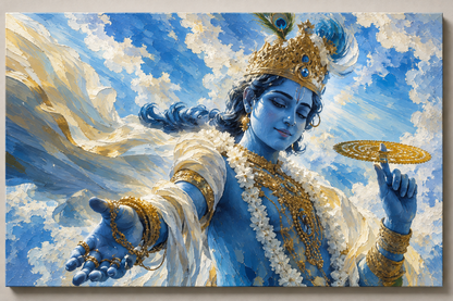 Lord Vishnu Sudarshan Chakra acrylic wall art in serene blue, white and gold tones
