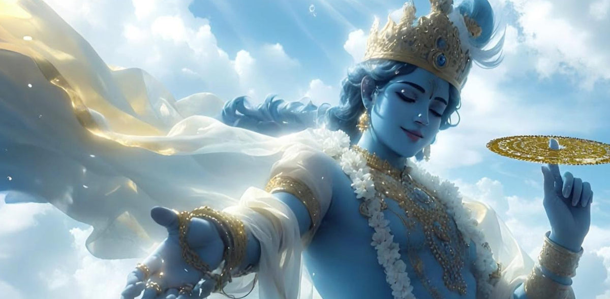 Lord Vishnu reaching forward while holding the golden Sudarshan Chakra against a luminous cloudy sky