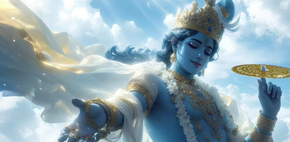Lord Vishnu reaching forward while holding the golden Sudarshan Chakra against a luminous cloudy sky