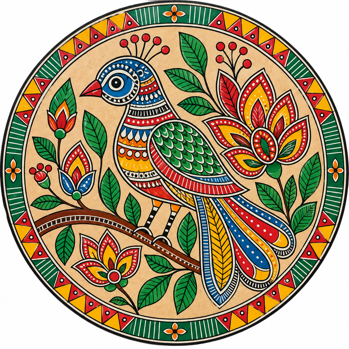 Madhubani Bird on Branch with Lotus & Foliage Engraved MDF Wall Art - DIY - Pre-Marked MDF