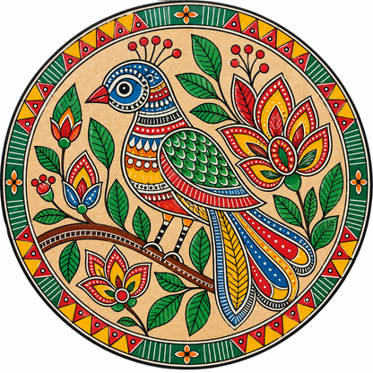 Madhubani Bird on Branch with Lotus & Foliage Engraved MDF Wall Art - DIY - Pre-Marked MDF