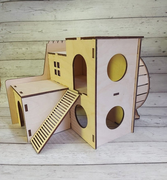 Wooden Hamster House with Exercise Wheel | DIY Small Pet Habitat | 2.5mm Pine MDF