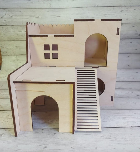 Wooden Hamster House with Exercise Wheel | DIY Small Pet Habitat | 2.5mm Pine MDF