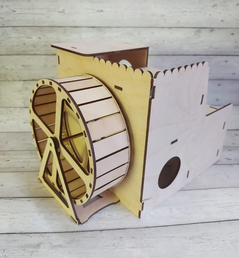 Wooden Hamster House with Exercise Wheel | DIY Small Pet Habitat | 2.5mm Pine MDF