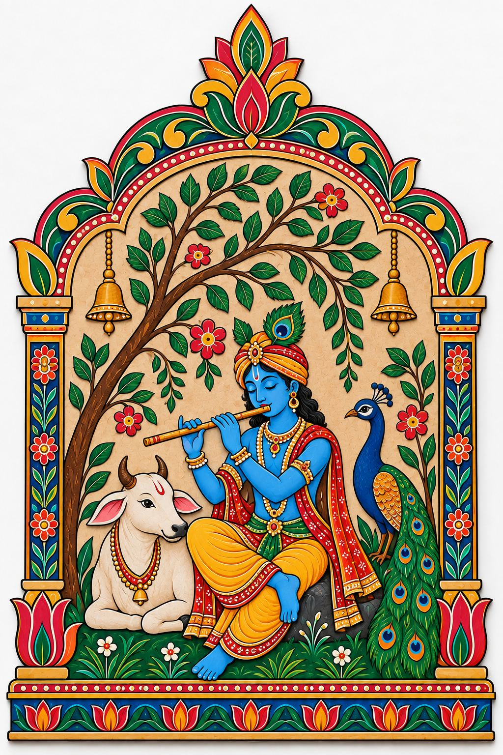 Govinda Krishna with Sacred Cow and Peacock Temple Bell Jharokha Engraved MDF Wall Art - DIY - Pre-Marked MDF