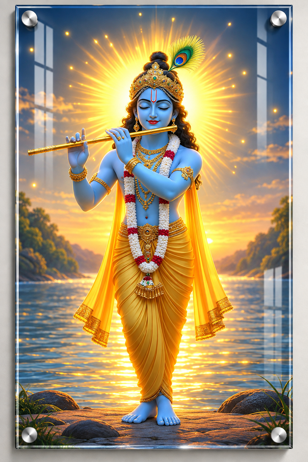 Lord Krishna Sunrise Flute Acrylic Wall Art