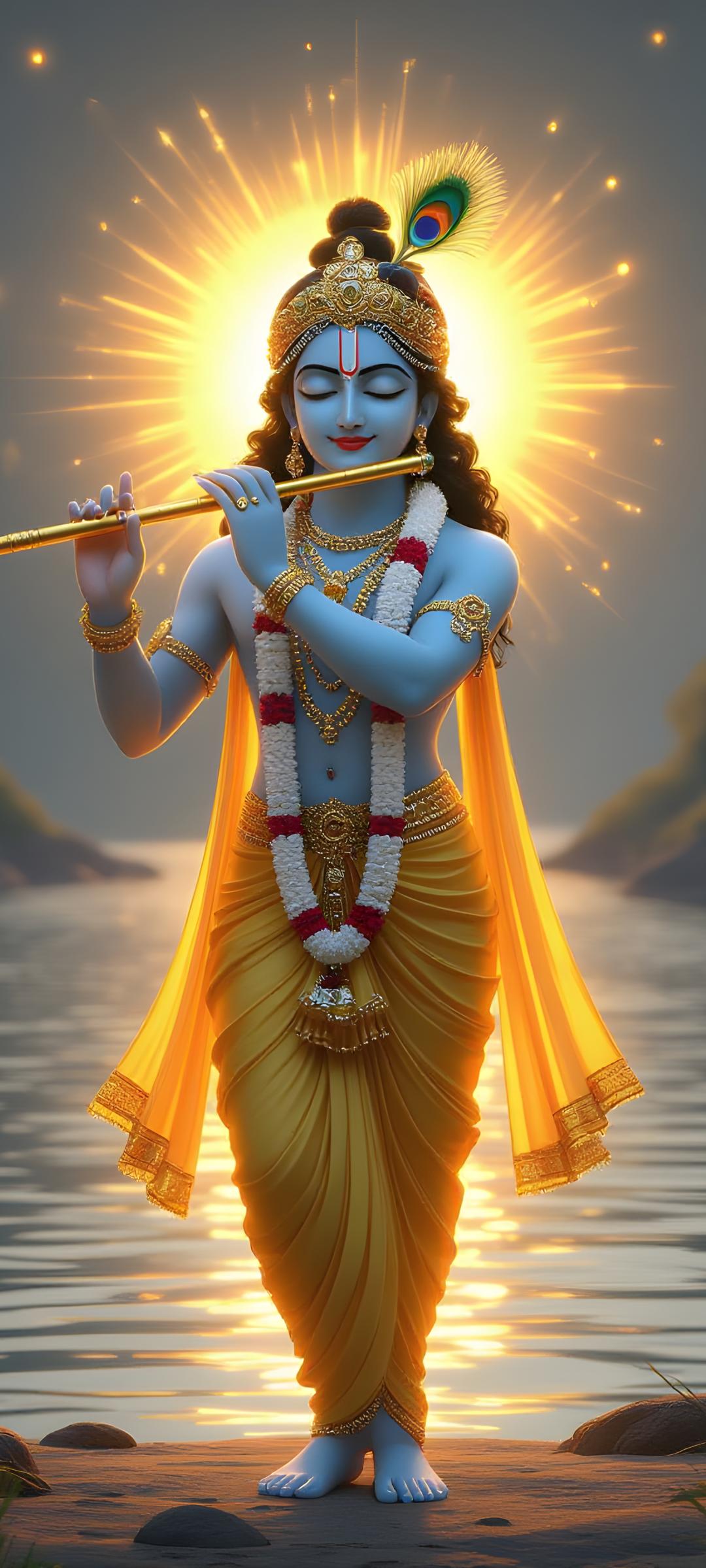 Lord Krishna Sunrise Flute Acrylic Wall Art