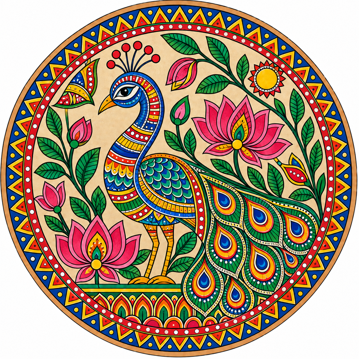 Madhubani Peacock with Lotus & Sun Engraved MDF Wall Art - DIY - Pre-Marked MDF