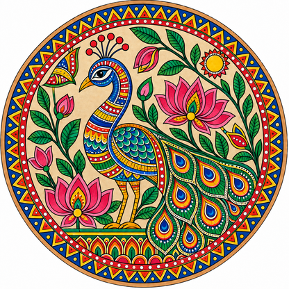 Madhubani Peacock with Lotus & Sun Engraved MDF Wall Art - DIY - Pre-Marked MDF