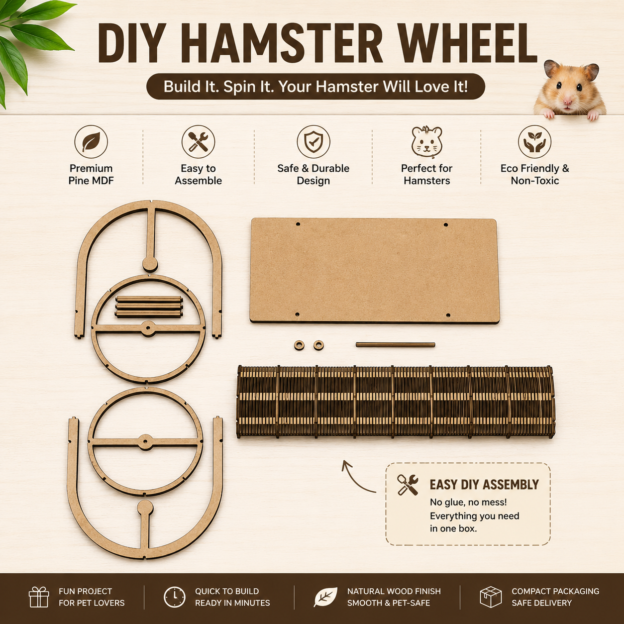 DIY Wooden Hamster Exercise Wheel | 8" x 7.5" | Pine MDF 2.5mm