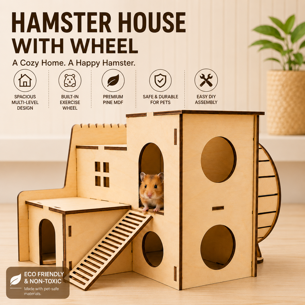 Wooden Hamster House with Exercise Wheel | DIY Small Pet Habitat | 2.5mm Pine MDF