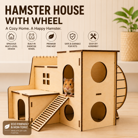 Wooden Hamster House with Exercise Wheel | DIY Small Pet Habitat | 2.5mm Pine MDF