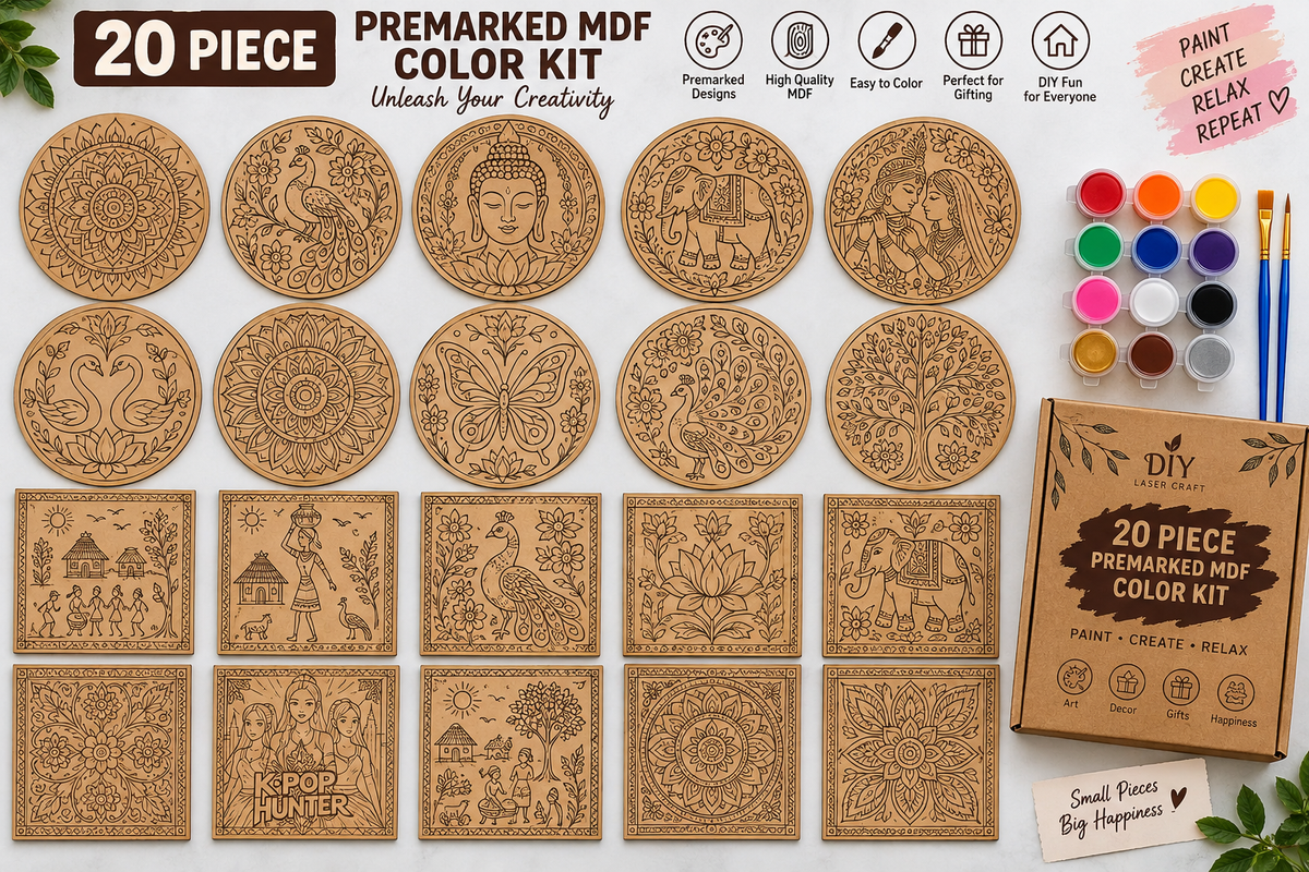 20 Piece Pre-Marked MDF Color Kit – DIY Craft Bundle with Acrylic Colors & Brushes - DIY - Pre-Marked MDF