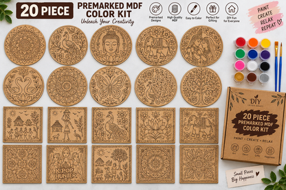 20 Piece Pre-Marked MDF Color Kit – DIY Craft Bundle with Acrylic Colors & Brushes - DIY - Pre-Marked MDF