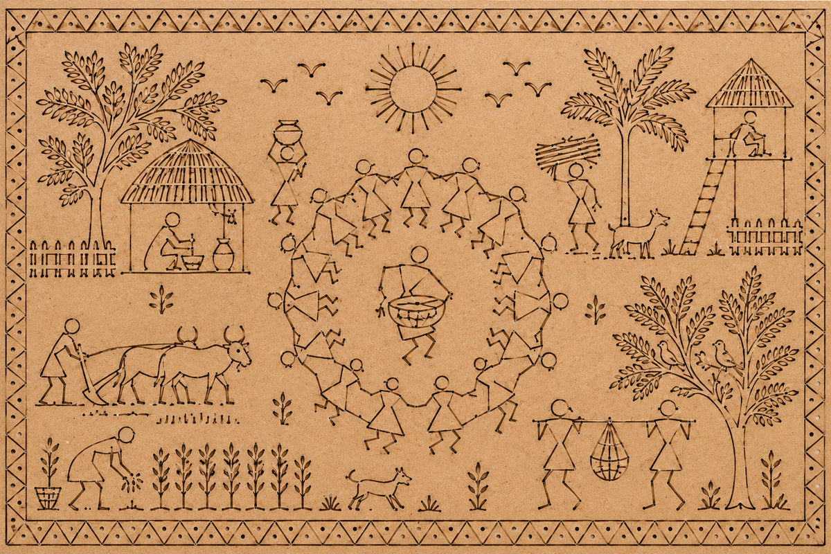 Warli Village Life Pre-Marked Square MDF Board - DIY - Pre-Marked MDF