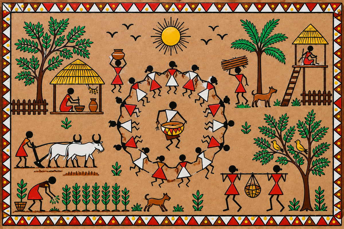Warli Village Life Pre-Marked Square MDF Board - DIY - Pre-Marked MDF