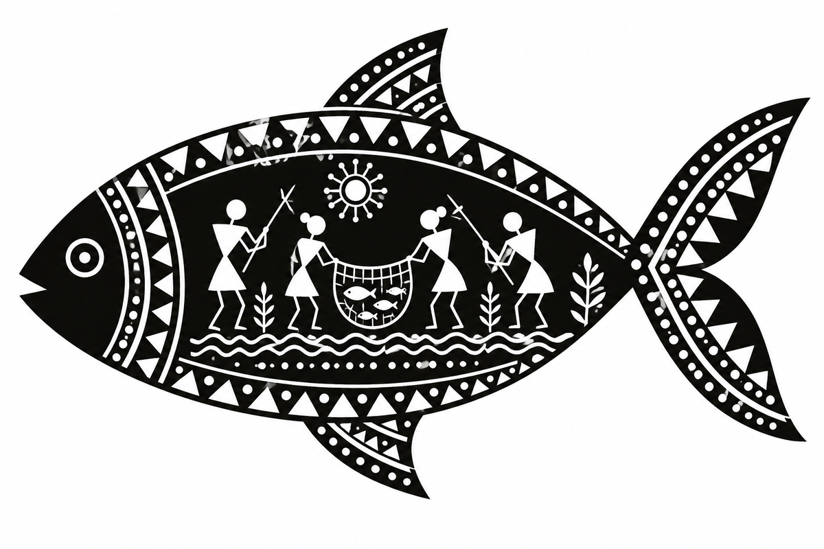 DIY MDF Art Kit – Warli Fishermen Fish-Shaped Pre-Marked MDF Board - DIY - Pre-Marked MDF