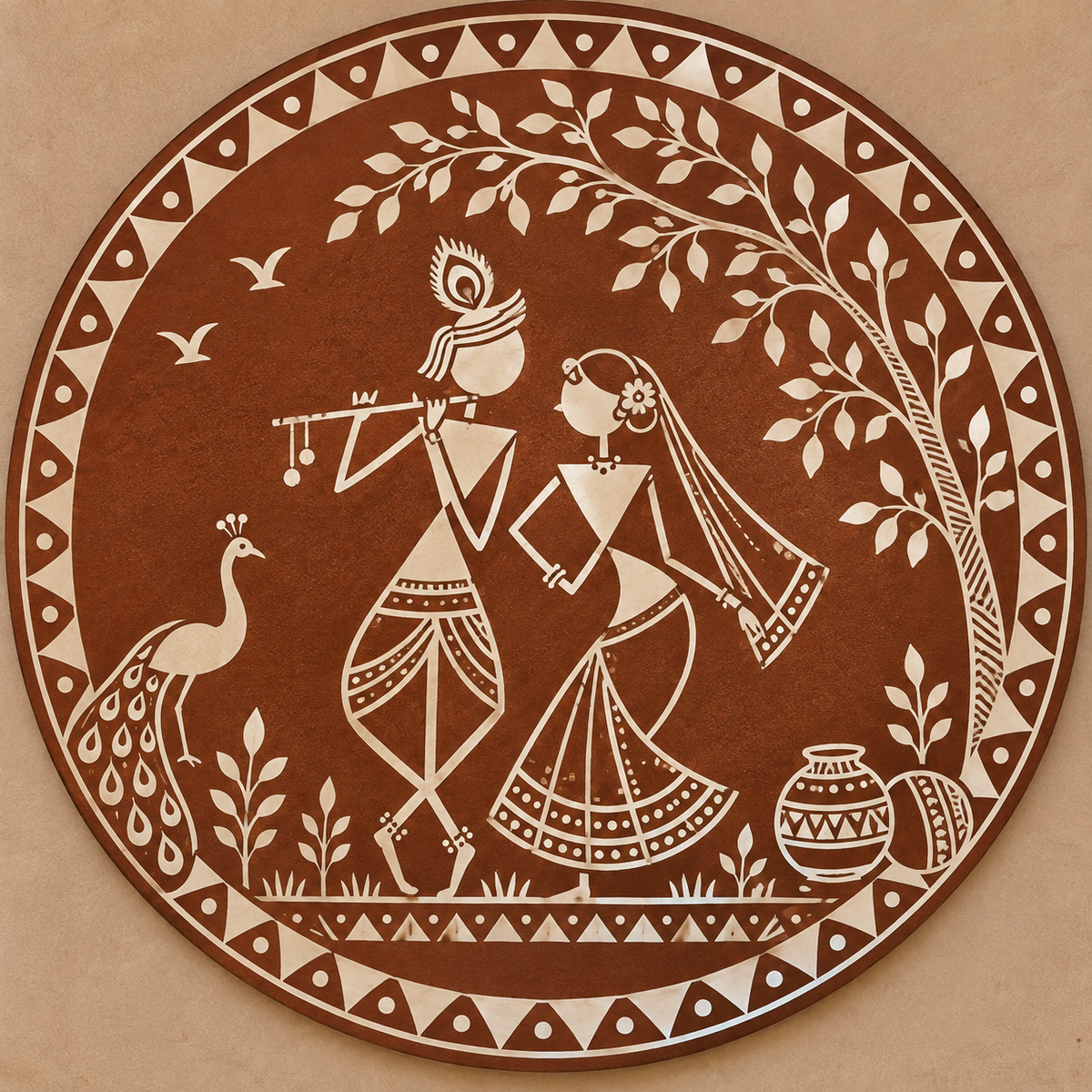 Radha Krishna Warli Style Pre-Marked Round MDF Board - DIY - Pre-Marked MDF