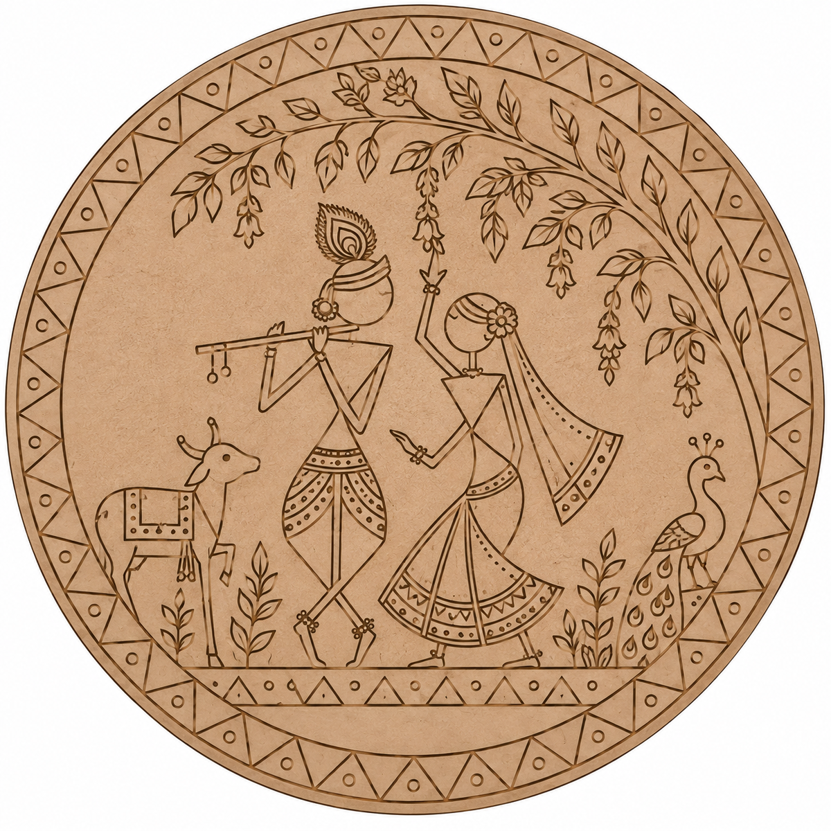 Radha Krishna Warli Style Pre-Marked Round MDF Board - DIY - Pre-Marked MDF