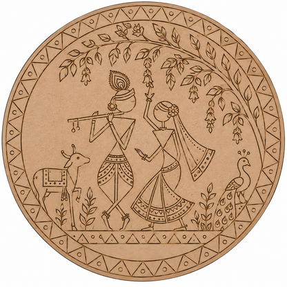 Radha Krishna Warli Style Pre-Marked Round MDF Board - DIY - Pre-Marked MDF