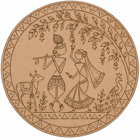 Radha Krishna Warli Style Pre-Marked Round MDF Board - DIY - Pre-Marked MDF
