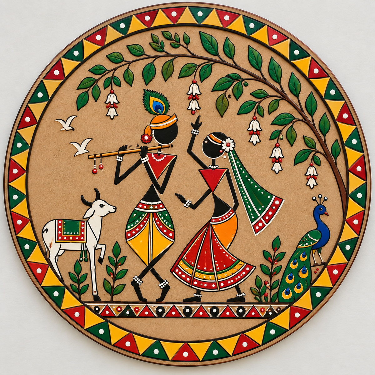 Radha Krishna Warli Style Pre-Marked Round MDF Board - DIY - Pre-Marked MDF