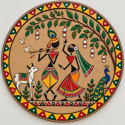 Radha Krishna Warli Style Pre-Marked Round MDF Board - DIY - Pre-Marked MDF