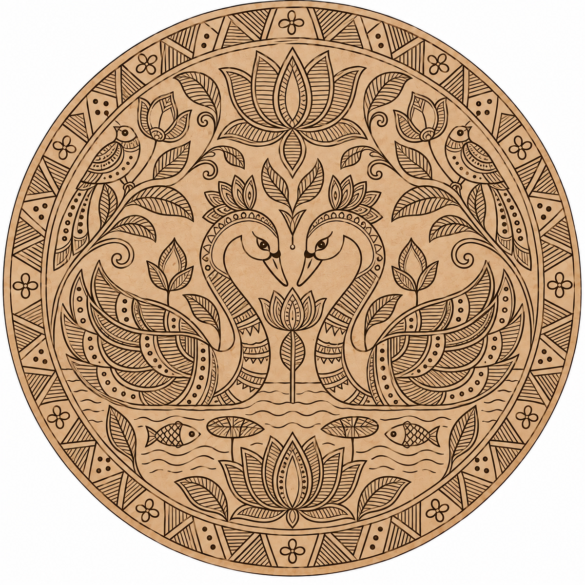 Madhubani Twin Swan Engraved MDF Wall Art - DIY - Pre-Marked MDF