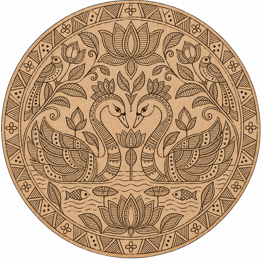 Madhubani Twin Swan Engraved MDF Wall Art - DIY - Pre-Marked MDF