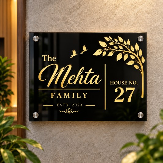 The Mehta Family Black Acrylic Nameplate with Gold Floral Design - Design: NP-02