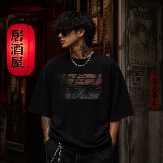 Itachi Anime Oversized T-Shirt – Black Graphic Streetwear Tee with Sharingan Eyes Print