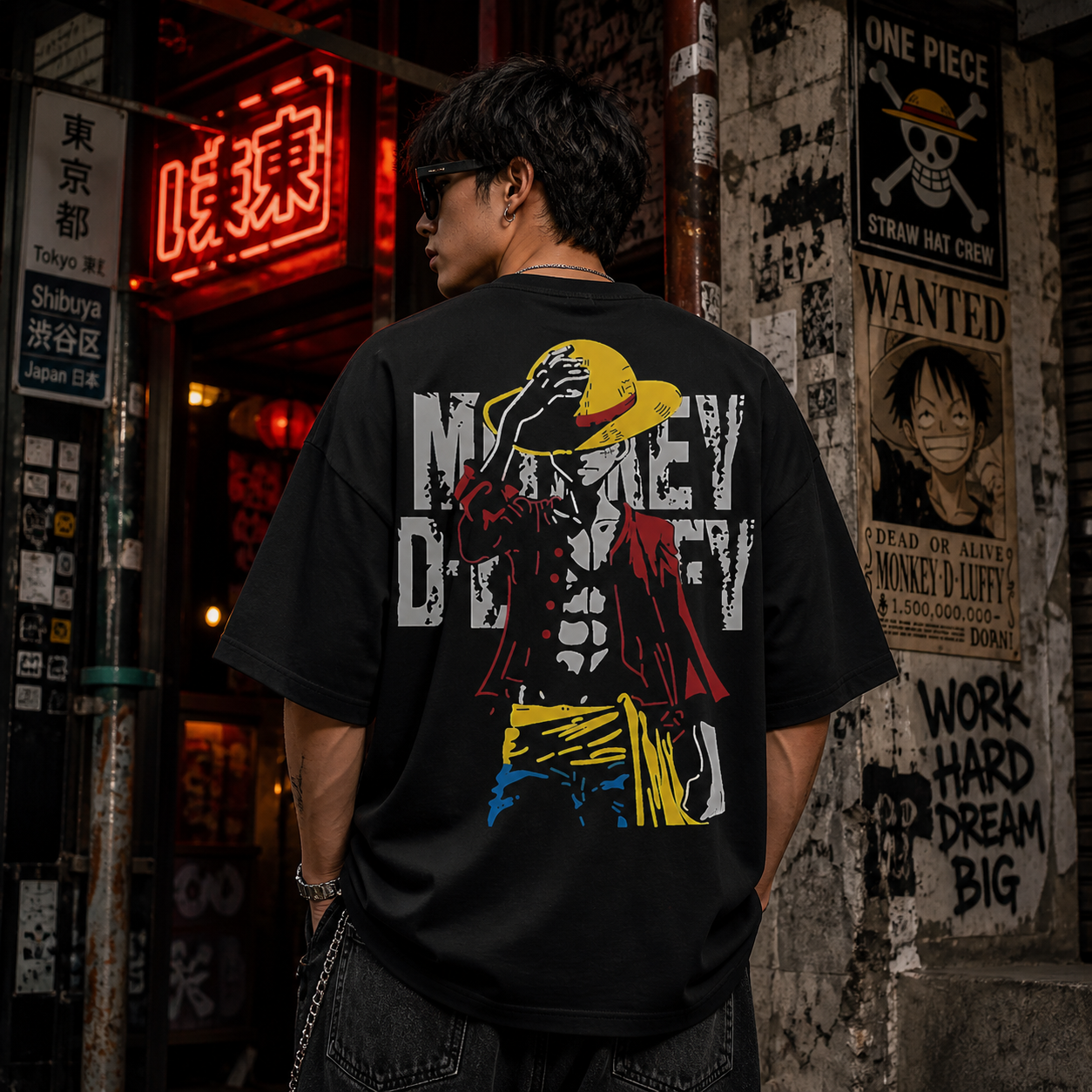 Monkey D Luffy Oversized T-Shirt – Anime Back Print Black Streetwear Tee for Men