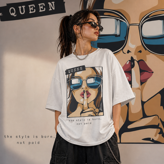 Cartoon Girl in Sunglasses | Oversized  | Cotton Bio Wash - Graphic Printed T-shirt
