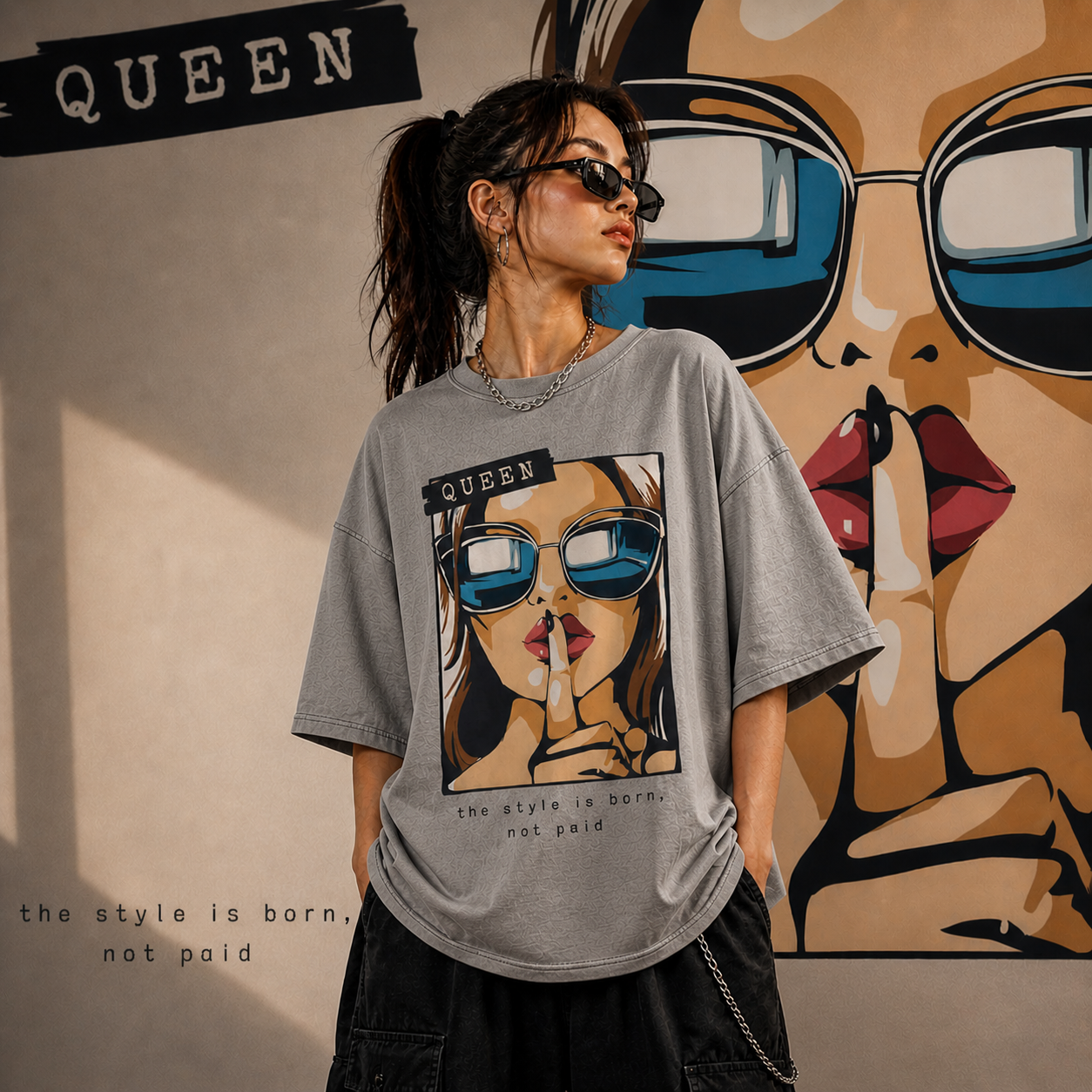 Cartoon Girl in Sunglasses | Oversized  | Cotton Bio Wash - Graphic Printed T-shirt