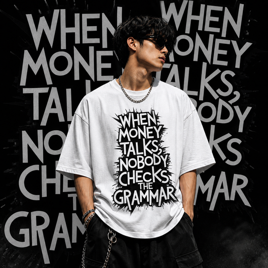 Money talks nobody checks the grammar  | Oversized  | Cotton Bio Wash - Graphic Printed T-shirt